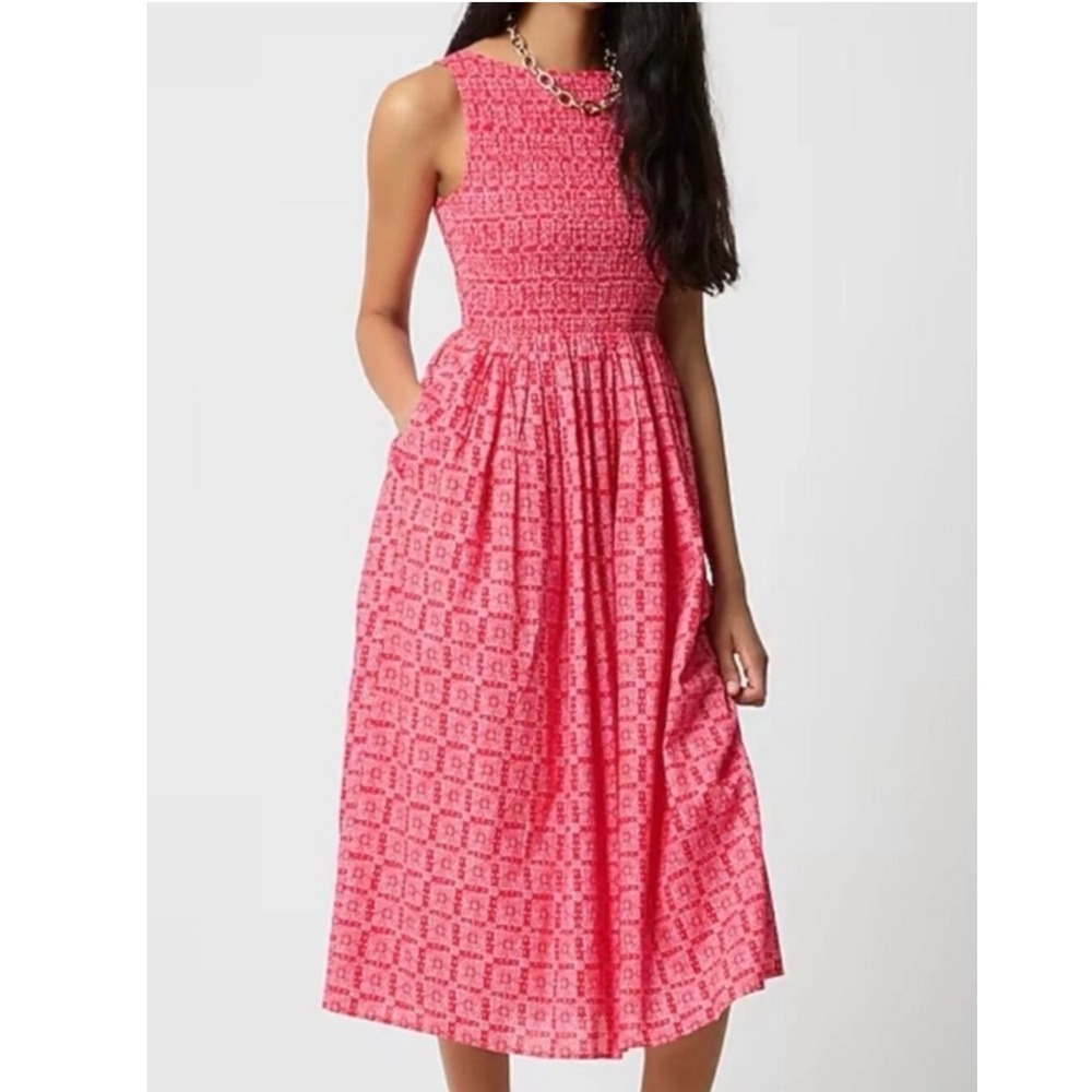 J Crew Smocked Boatneck Midi Dress Cerise Lotus Bloom XXS